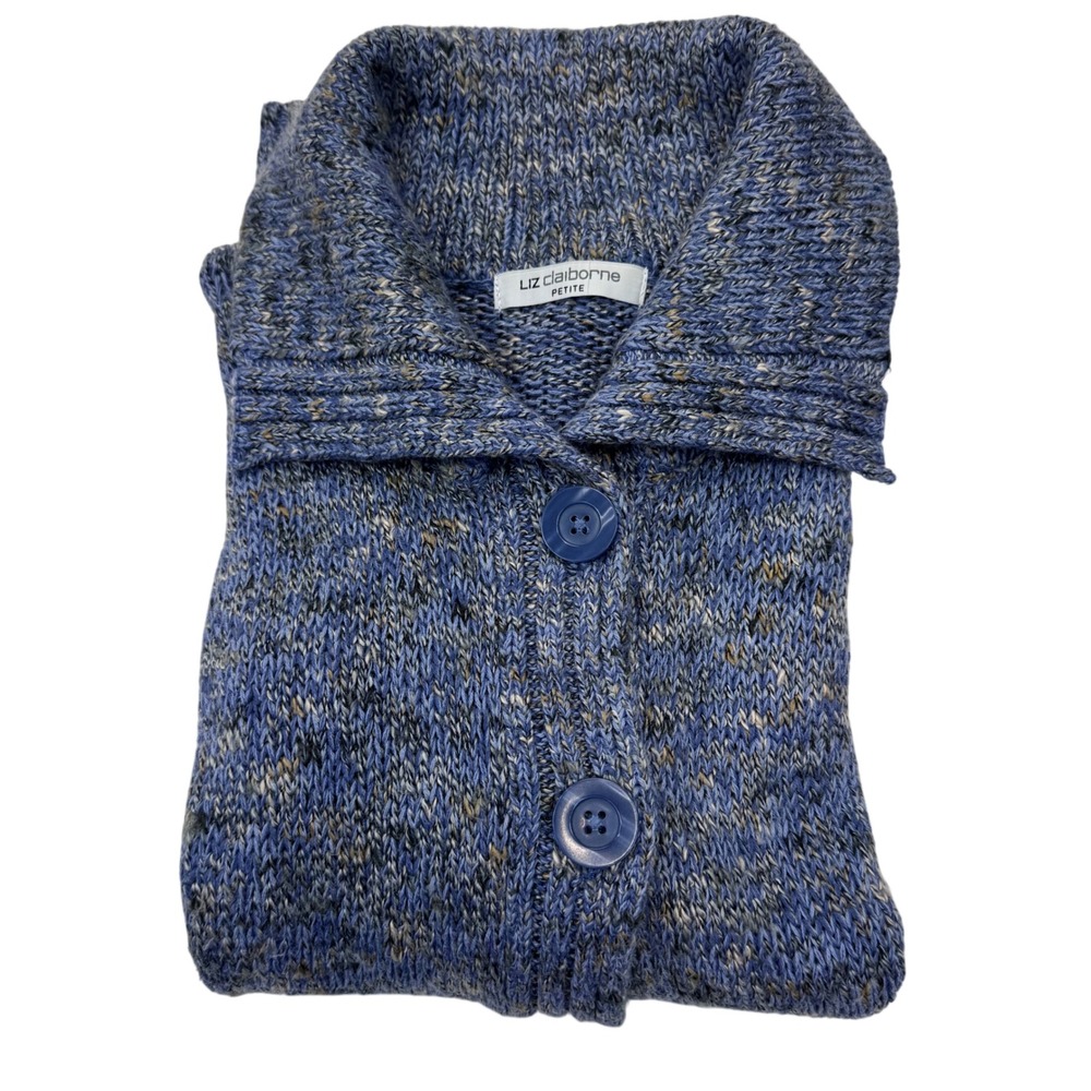 Liz Claiborne Petite PM Blue Marled Chunky Knit Button Collar Cardigan Sweater